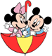 Baby Mickey, Minnie floating in an umbrella