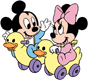 Baby Mickey, baby Minnie on toy ducks