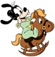 Baby Goofy riding wooden horse