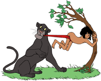 Bagheera pulling on Mowgli's clothes as he clings to a tree