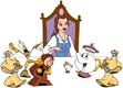 Belle, Lumiere, Cogsworth, Mrs. Potts and Chip at the table