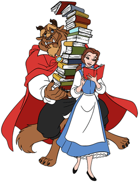 Beast walking behind Belle carrying a tower of books