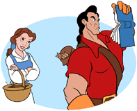 Belle watches Gaston trying to read her book