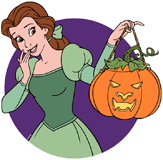 Belle holding a pumpkin carved to look like the Beast