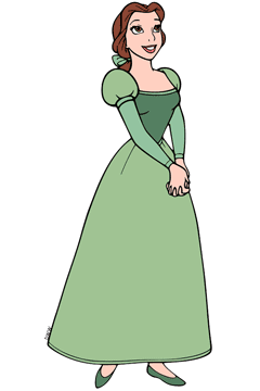 Belle in green with her hands clasped