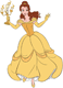 Belle holding Lumiere in her gold dress