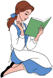 Belle sitting down, reading a book