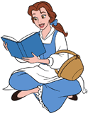 Belle reading a book with her basket on her arm