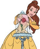 Belle examining the rose under the bell jar