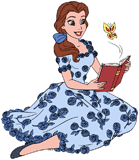 Belle in a rose dress reading a book