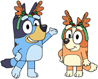 Bluey & Bingo wearing reindeer ears