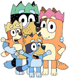 Bluey, Bingo, Mum and Dad wearing Christmas crowns