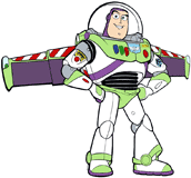 Buzz Lightyear standing with his wings extended and hands on his hips