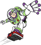Buzz Lightyear gliding through the air on a red hotwheels car