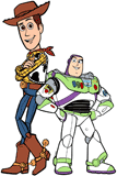 Buzz Lightyear and Woody standing back to back