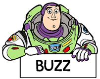 Buzz Lightyear holding a sign with his name on it