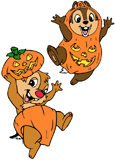 Chip and Dale dressed up as pumpkins for Halloween