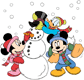 Mickey Mouse, Minnie Mouse, Donald Duck building snowman