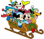 Mickey, Minnie, Goofy, Donald, Pluto in a sled