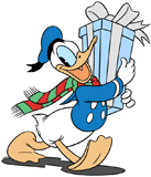 Classic Donald Duck carrying his Christmas present