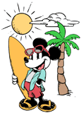Classic Mickey Mouse posing with his surfboard on the beach
