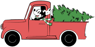 Classic Mickey Mouse driving off with a new Christmas tree