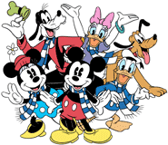Classic Mickey, Minnie, Donald, Daisy and Goofy wearing scarves