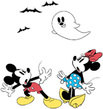 Classic Mickey and Minnie Mouse startled by a ghost and bats