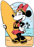 Classic Minnie Mouse winking with her surfboard on the beach