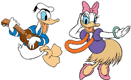Donald, Daisy hula dancing, playing ukulele