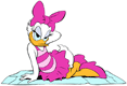 Daisy Duck posing in her bathing suit on a beach towel