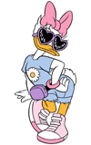 Daisy Duck wearing a fanny pack and sunglasses, enjoying the sunshine