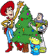 Alien, Woody, Buzz Lightyear decorating Christmas tree