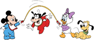 Baby Mickey, Goofy, Daisy and Pluto playing jump rope