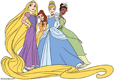 Rapunzel, Belle, Cinderella and Tiana