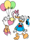 Daisy, floating with balloons, kisses Donald