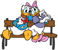 Donald and Daisy Duck sitting on a bench