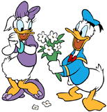 Donald Duck giving Daisy a bouquet of flowers