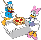 Donald Duck preparing a heart-shaped pizza for Daisy