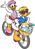Donald & Daisy Duck riding a tandem bicycle