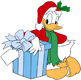 Donald Duck leaning against a Christmas present