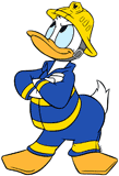 Donald Duck wearing a firefighter uniform