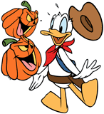 Donald Duck in a cowboy costume spooked by pumpkins
