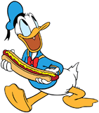 Donald Duck holding a hot dog
