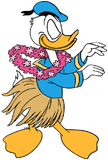 Donald Duck hula dancing wearing a lei