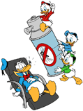Donald Duck's nephews ready to spray him with a giant can of mosquito repellant