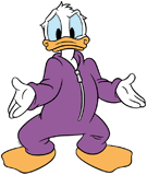 Donald Duck shrugging in a onesie