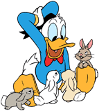 Donald Duck surrounded by bunny rabbits