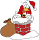 Donald Duck as Santa Claus trying to fit into chimney