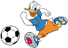 Donald Duck running after a soccer ball
